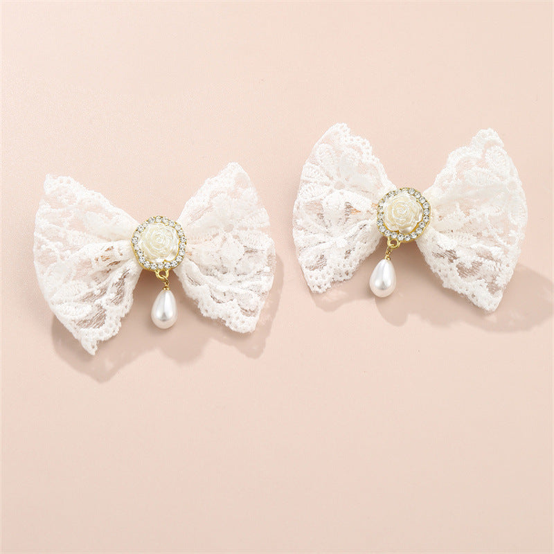 Set di Fermagli per Capelli con Pendente a Goccia in Pizzo e Rosa a Forma di Fiocco Carino per Bambini con Materiale in Tessuto
