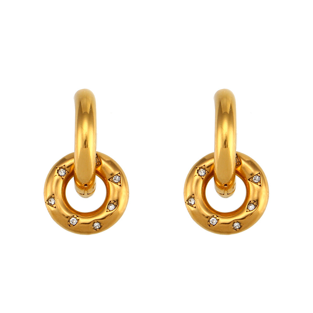 Fashionable Geometric Stainless Steel Plated 18K Gold Zircon-Detailed Donut Pendant Necklace for Women