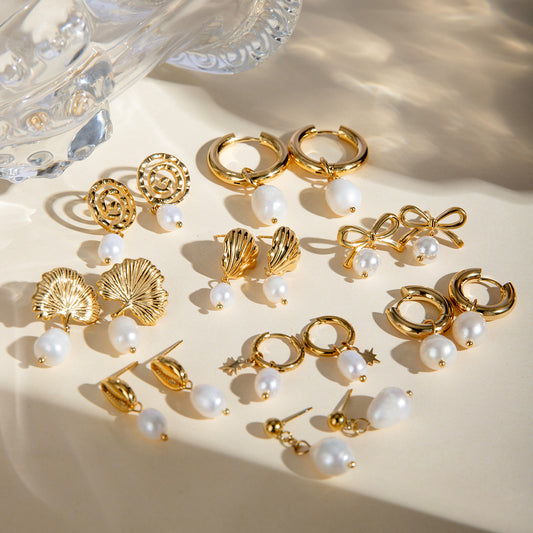 Pendientes colgantes de ginkgo de acero inoxidable chapado en oro de 18 quilates estilo Ins con perla de agua dulce para mujer