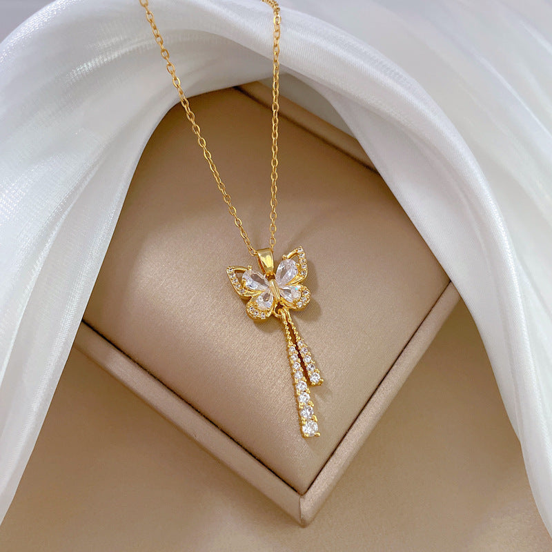 Luxury Butterfly Geometric Rhinestone Pendant Necklace Titanium Steel Chain for Women and Men