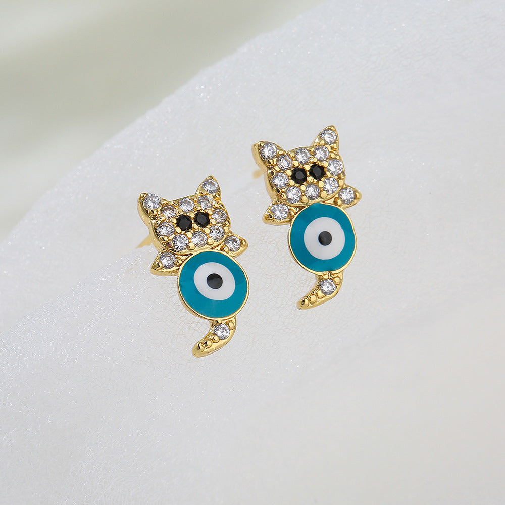 Orecchini geometrici da donna a forma di gatto, in rame con placcatura in oro 18K e finitura smaltata