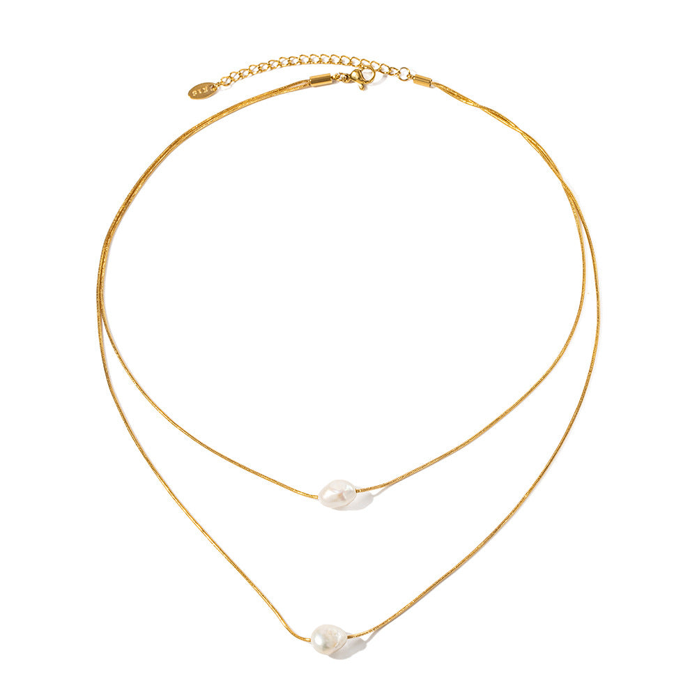 Collana da donna a doppio strato in acciaio inossidabile placcato oro 18K stile Ins con perle d'acqua dolce e forme geometriche