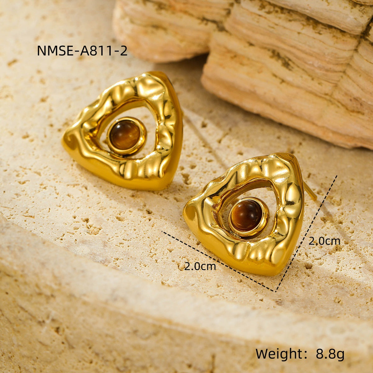 Pendientes de acero inoxidable vintage con diseño de triángulo plegado, chapado en oro de 18 quilates y acentos de piedra natural