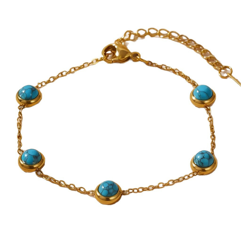 Minimalist Round Geometric Turquoise Inlay Stainless Steel Necklace Set with Cable Chain