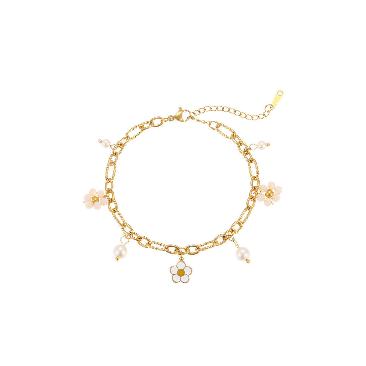 Fashionable Summer Ocean-Themed Titanium Steel Bracelet with Gold-Plated Flower Beads and Geometric Design for Women
