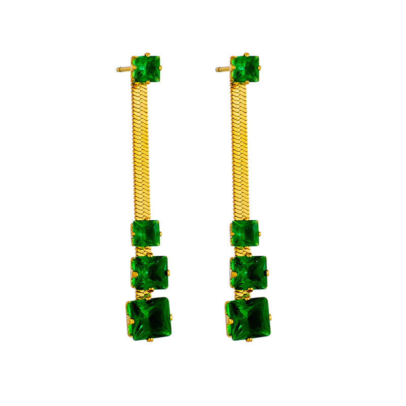 Orecchini a Catena a Lama Geometrica Minimalista Quadrati con Strass Verdi Trasparenti in Acciaio al Titanio con Finitura Placcata