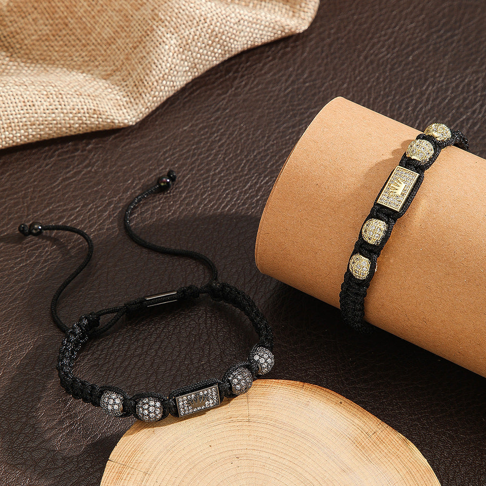 Personalized Gold Plated Brass Crown Inlaid Cubic Zirconia Braided Bracelet for Men and Women