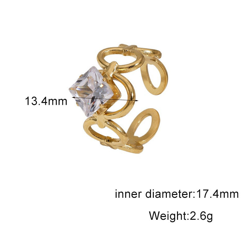 Minimalist 18K Gold Plated Geometric Star Cubic Zirconia Inlay Stainless Steel Open Ring for Women