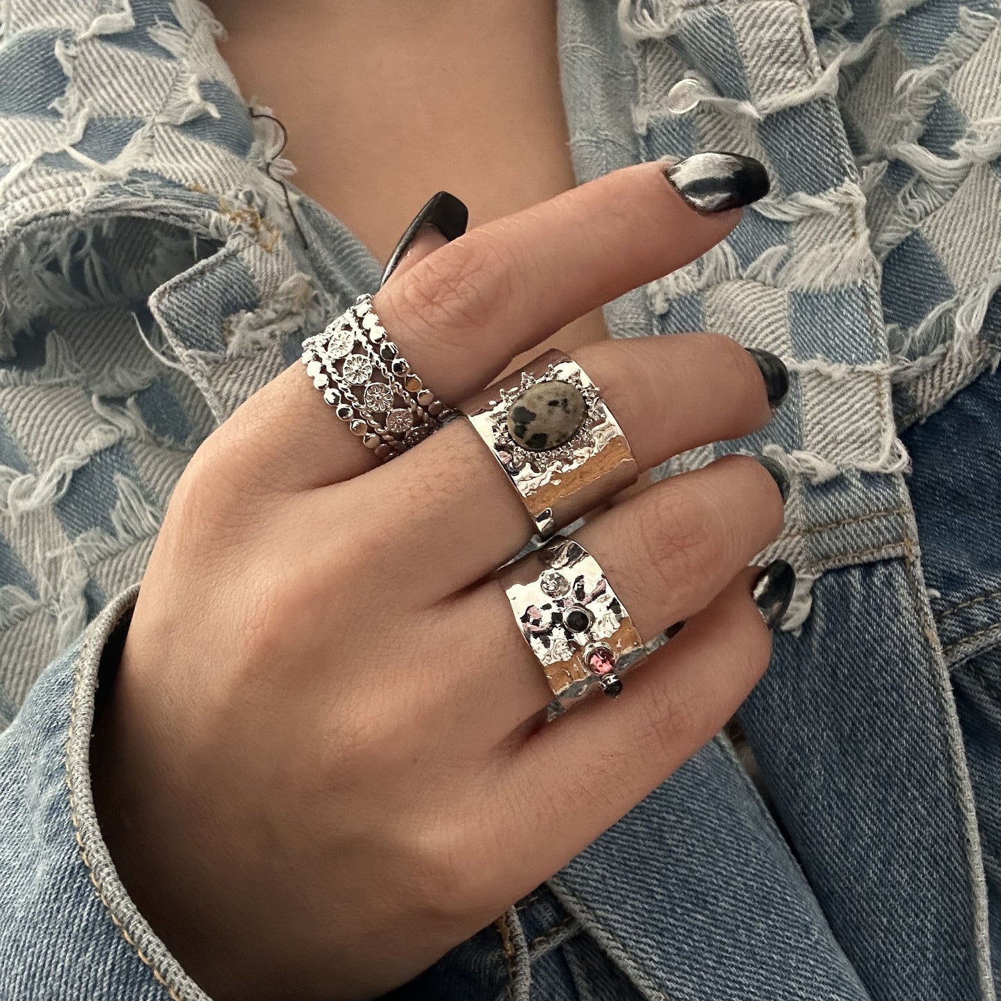Set di Anelli da Nocche Irregolari da Donna con Intarsio di Pietre Preziose Placcate in Lega Geometrica Stile Hip-Hop