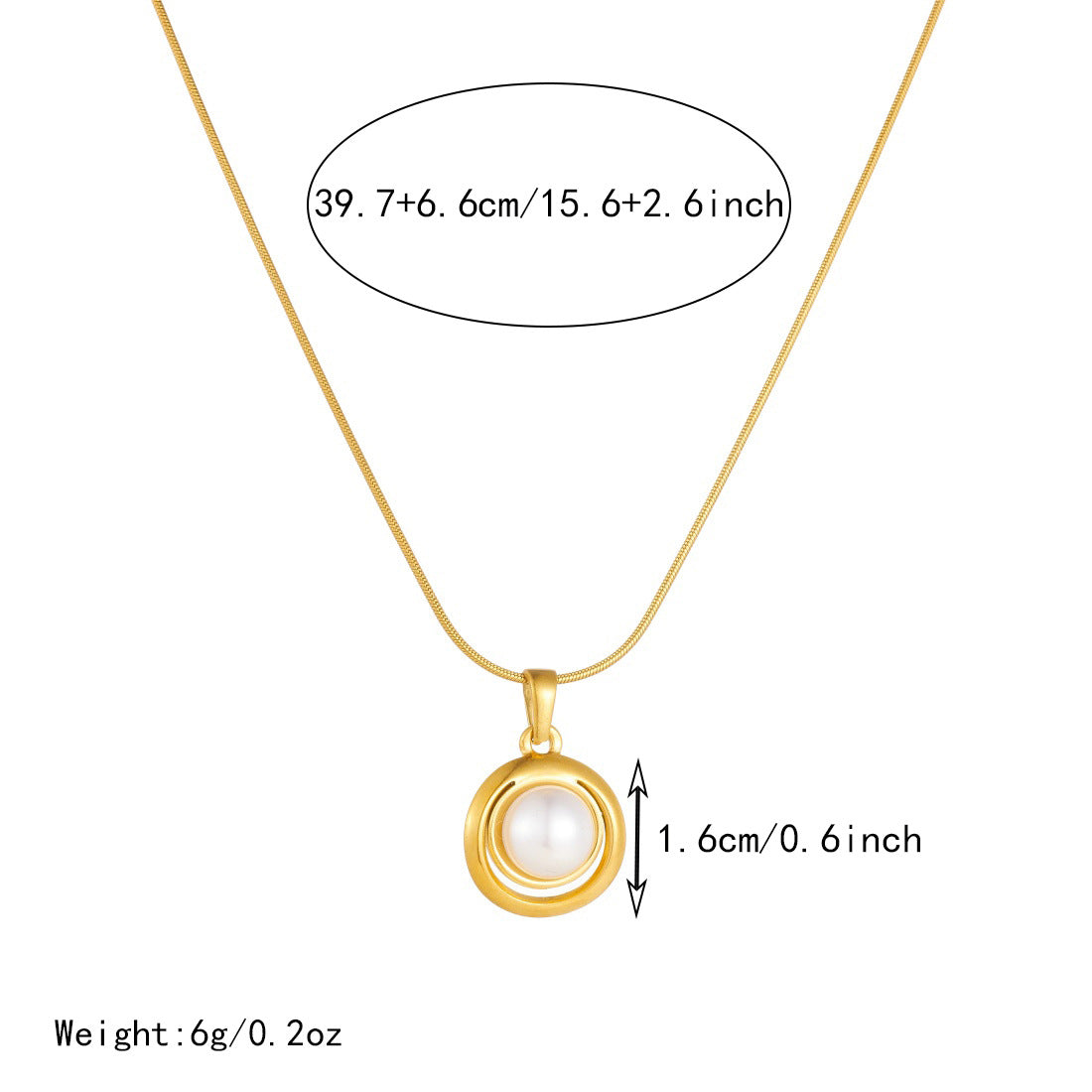 Vintage Casual Geometric Round Gold Plated Stainless Steel Pearl Necklace with Snake Chain for Women