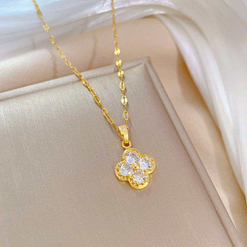 Luxury Titanium Steel Clavicle Chain Necklace with Four-Leaf Clover Pendant for Women
