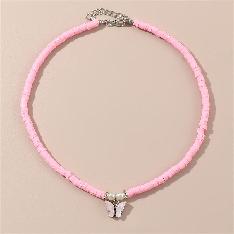 Collar minimalista de mariposa y corazón para niños con dije de aleación y cuentas de perlas en cadena de bolitas