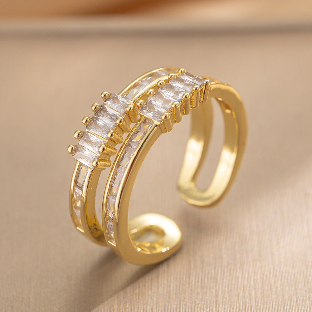 Luxury Minimalist Adjustable Open Ring for Women with Gold-Plated Copper Band and Zircon Stone Accent in Heart and Floral Shape