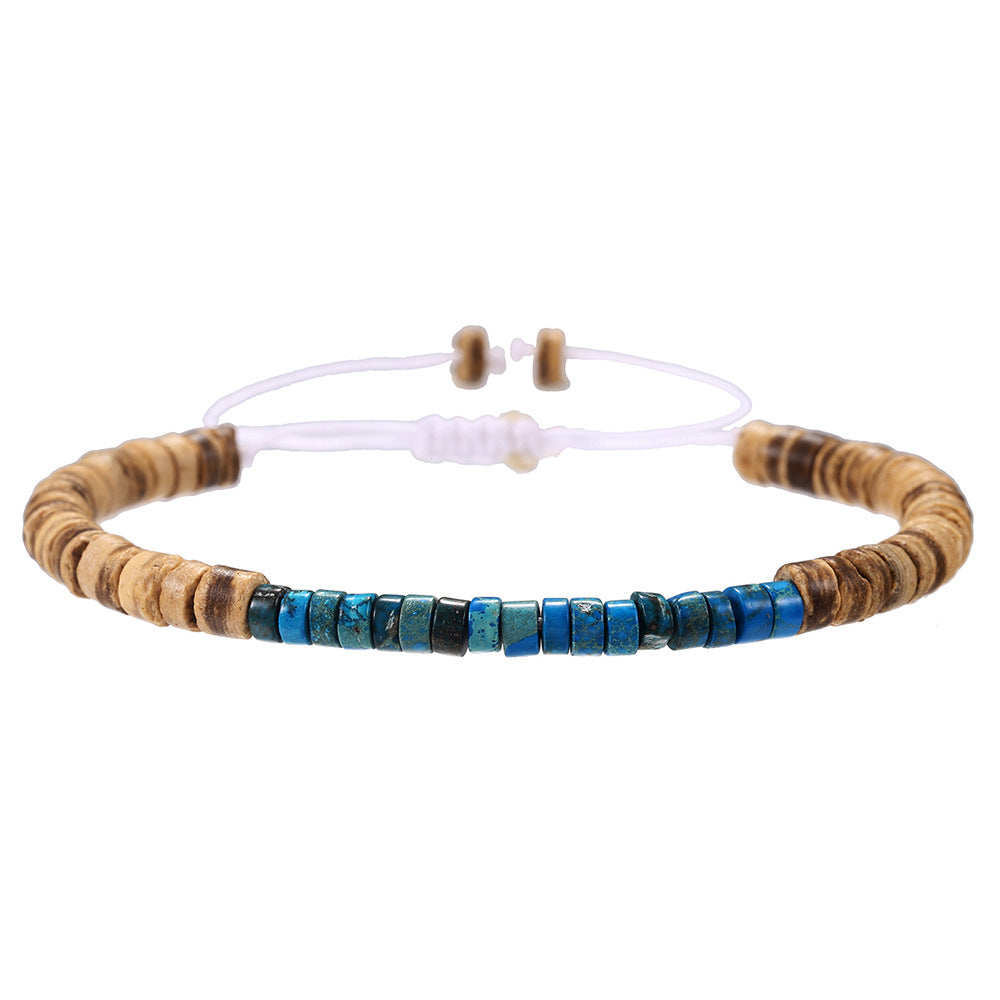 Minimalist Geometric Wood Turquoise Coconut Shell Beaded Bracelet Handmade Unisex Jewelry