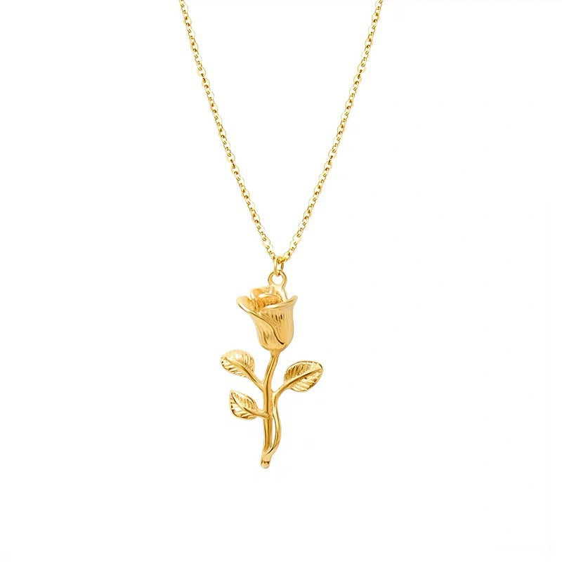 Collana pendente minimalista con rosa floreale da donna in acciaio al titanio placcato oro su catena a croce