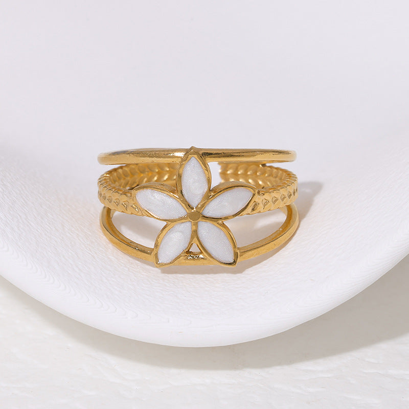 Minimalist Vintage Floral Enamel Titanium Steel Open Ring for Women with Plated Finish