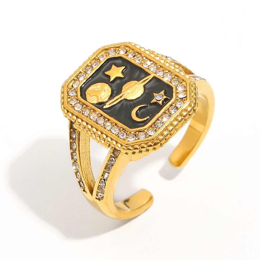 Anello da donna in acciaio inossidabile con placcatura in oro 18 carati e finitura smaltata, stile geometrico francese vintage