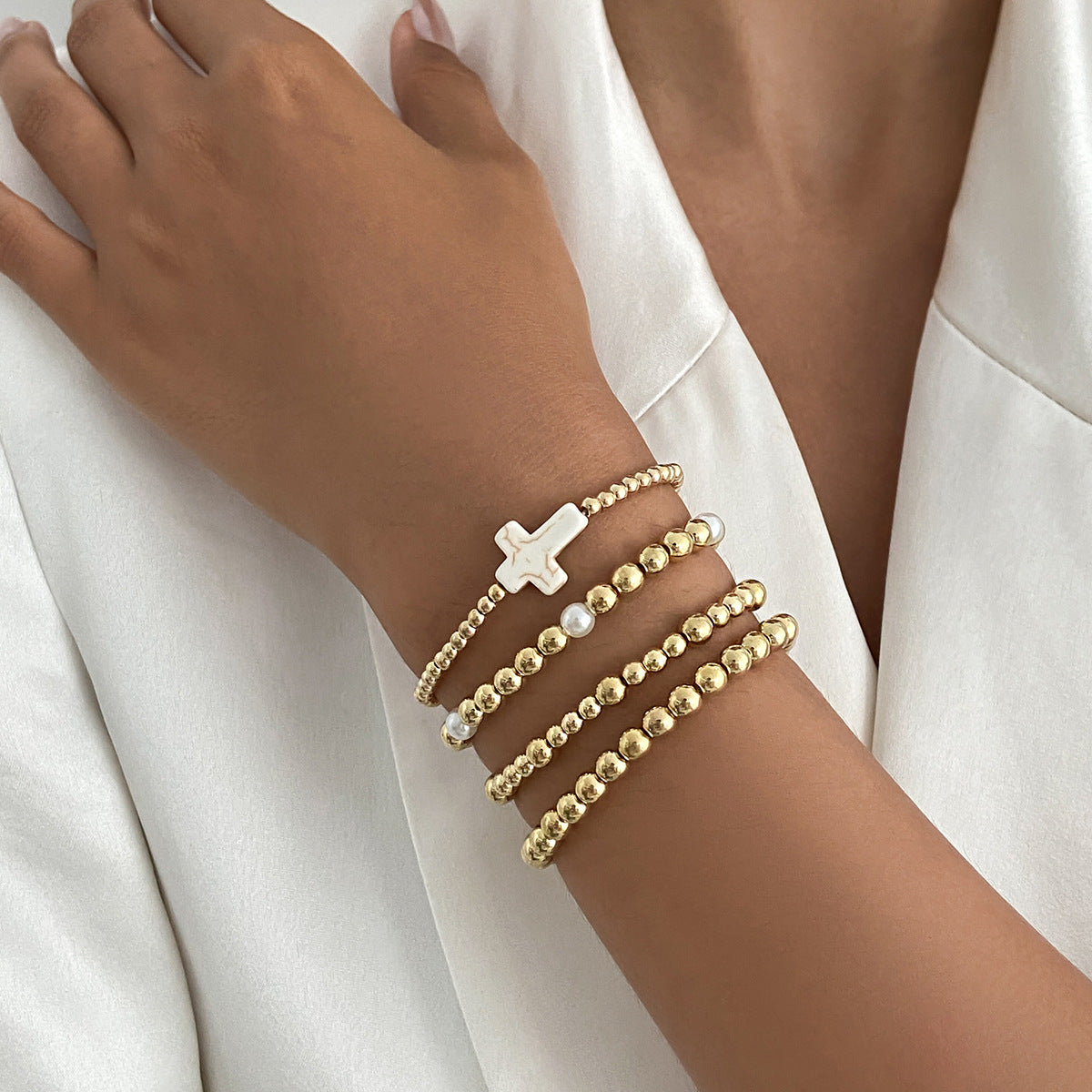 Minimalist Geometric Acrylic Beaded Stretch Bracelet Set with Cross Charm for Women