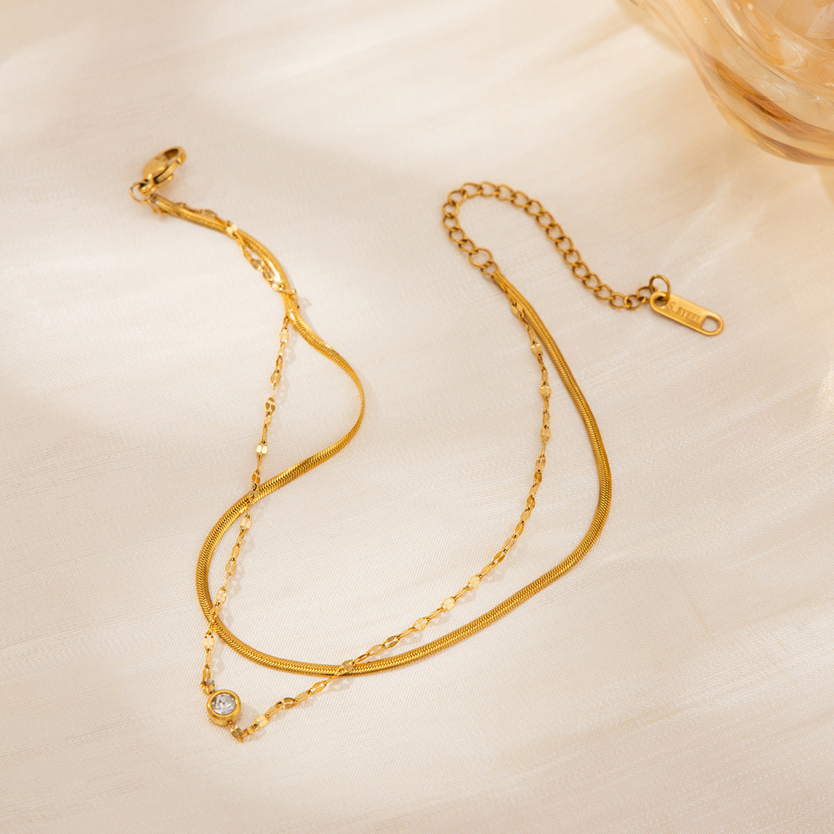 Minimalist Geometric Stainless Steel PVD 18K Gold Plated Cubic Zirconia Inlaid Snake Chain Anklet for Women