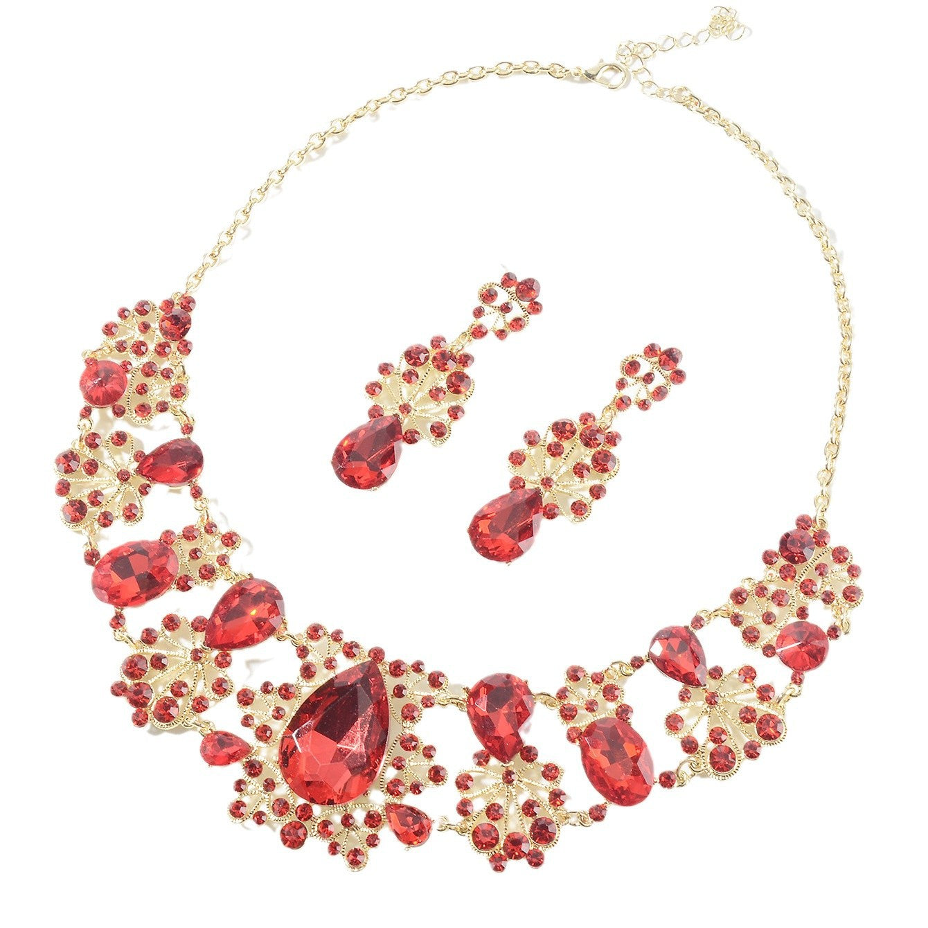 Sweet Floral Crystal Alloy Plated Necklace and Earring Set with Cable Chain for Women