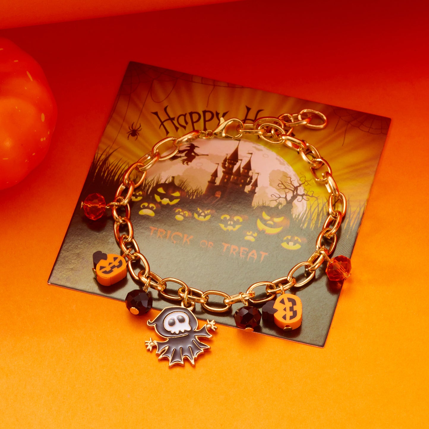 Cartoon-Style Halloween Ghost Pumpkin Bat Multi-Pendant Polymer Clay Bracelet with Plated Alloy