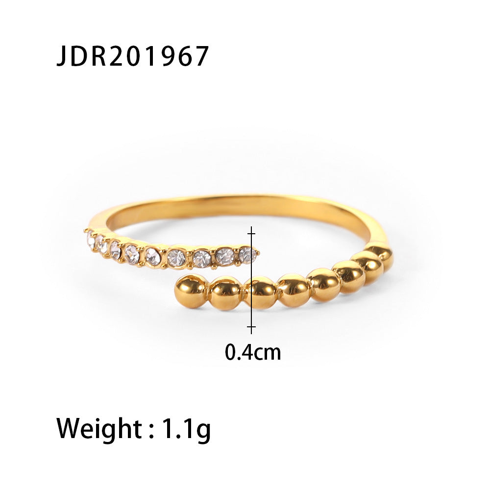 INS Style Geometric Shaped 18K Gold Plated White Rhinestone Accent Open Ring for Women Made of Titanium Steel and Stainless Steel