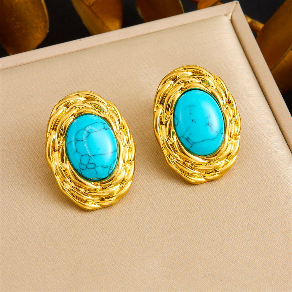 Vintage Elegant Oval Geometric Plated Stainless Steel Jewelry Set with Snake Chain for Women