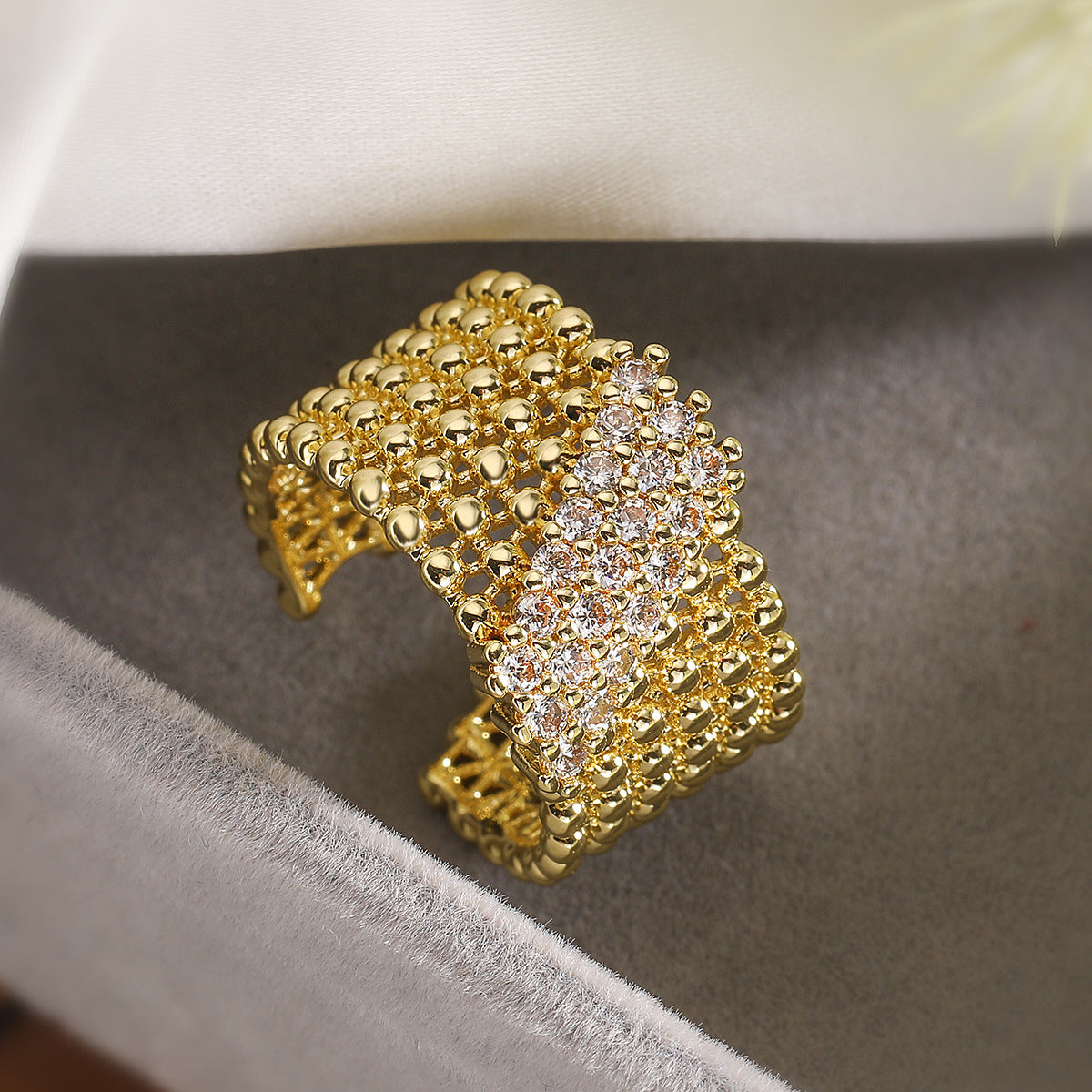 Minimalist Geometric Open Ring for Women in Copper with 18K Gold Plating and Zircon Inlay