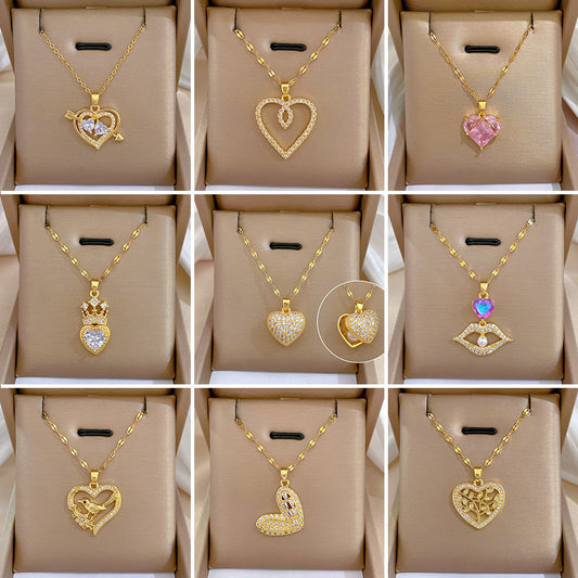 Collar de Acero de Titanio con Incrustaciones de Pedrería Geométrica Corazón Dulce Minimalista de Lujo para Mujer