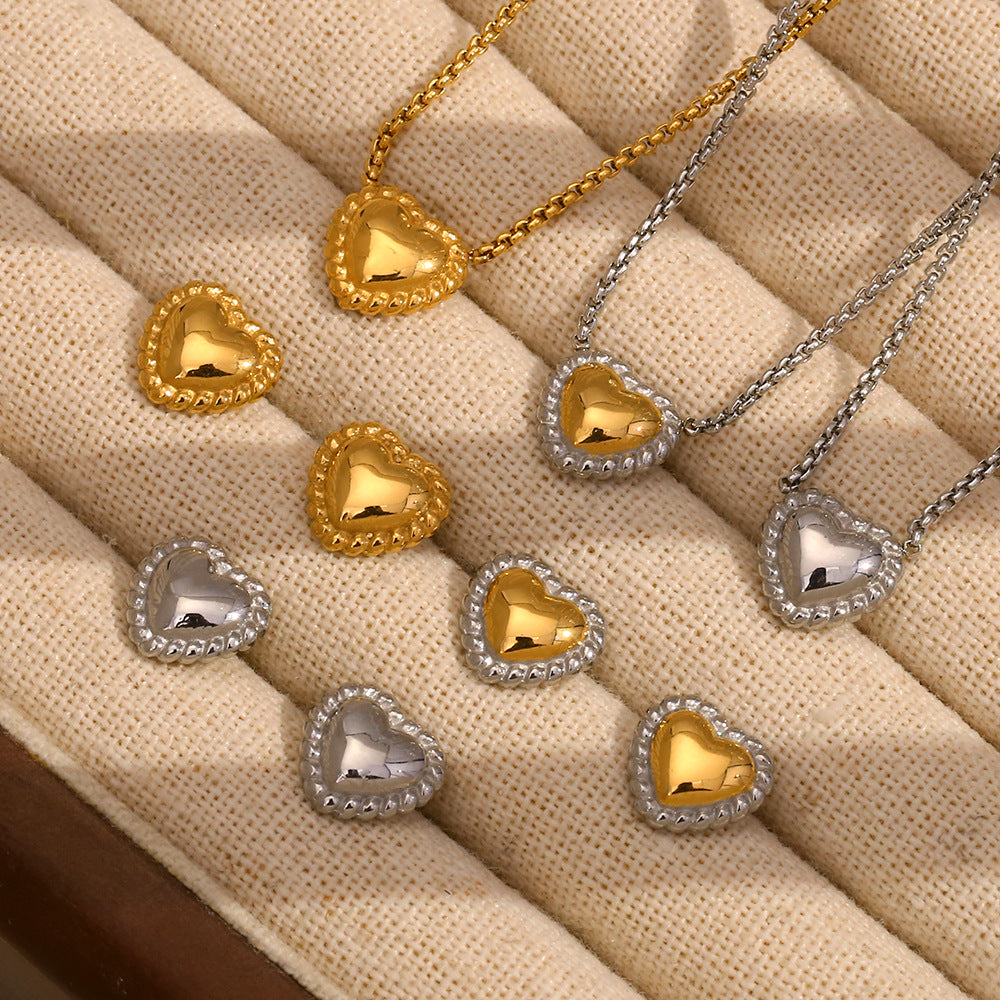 Minimalist Heart-Shaped Stainless Steel Necklace with 18K Gold Plating and Matching Gold-Tone Heart Stud Earrings for Women