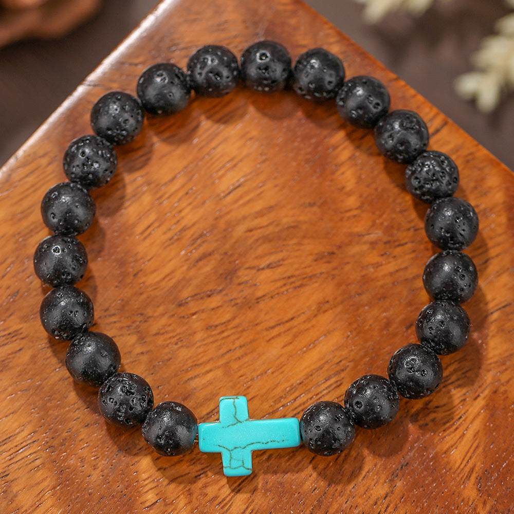 Handmade Geometric Cross Turquoise Tiger Eye Obsidian Lapis Lazuli Beaded Bracelet Unisex