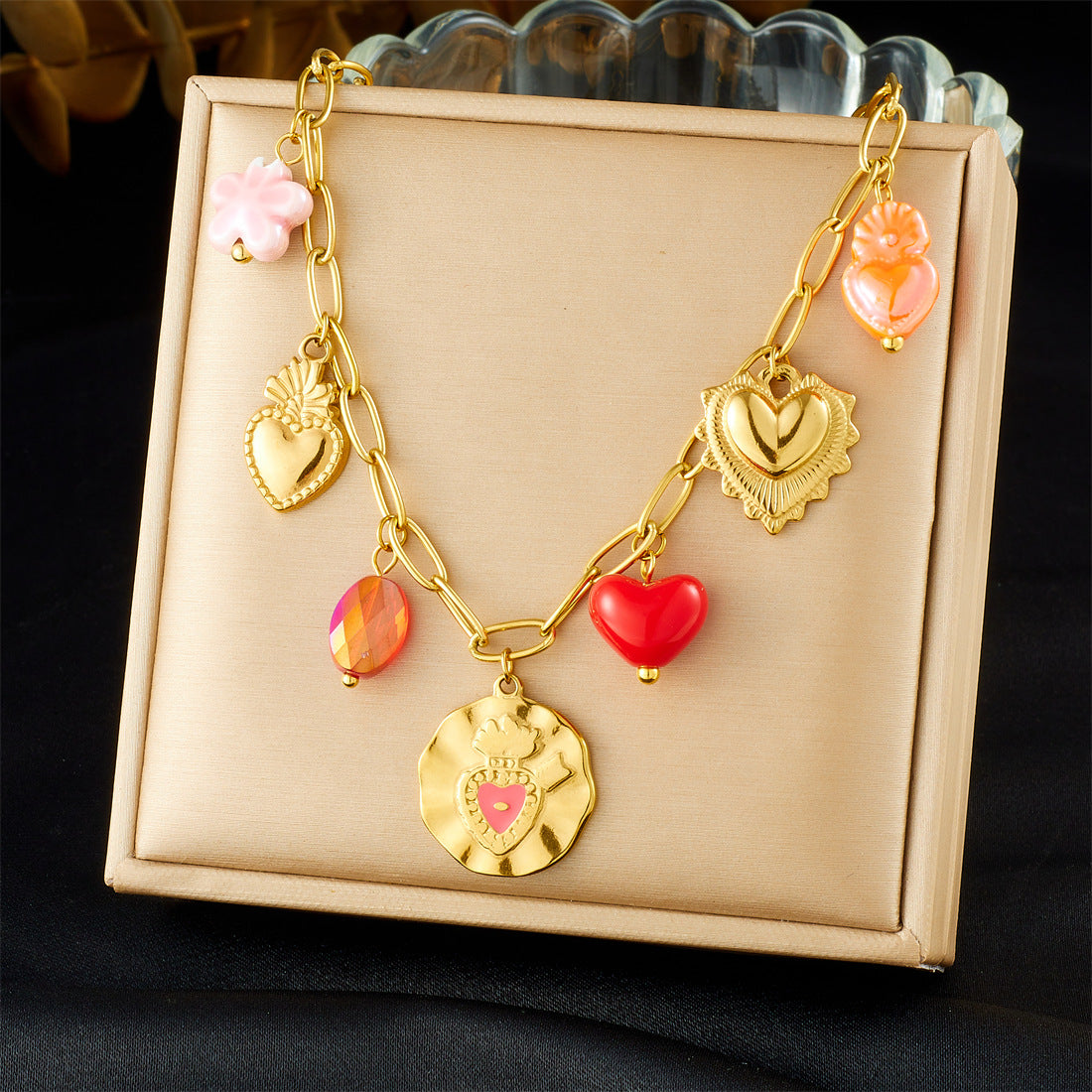 Sweet Gold Plated Drip Oil Round Heart Flower Stainless Steel Necklace and Bracelet Set with Serpentine Chain for Women