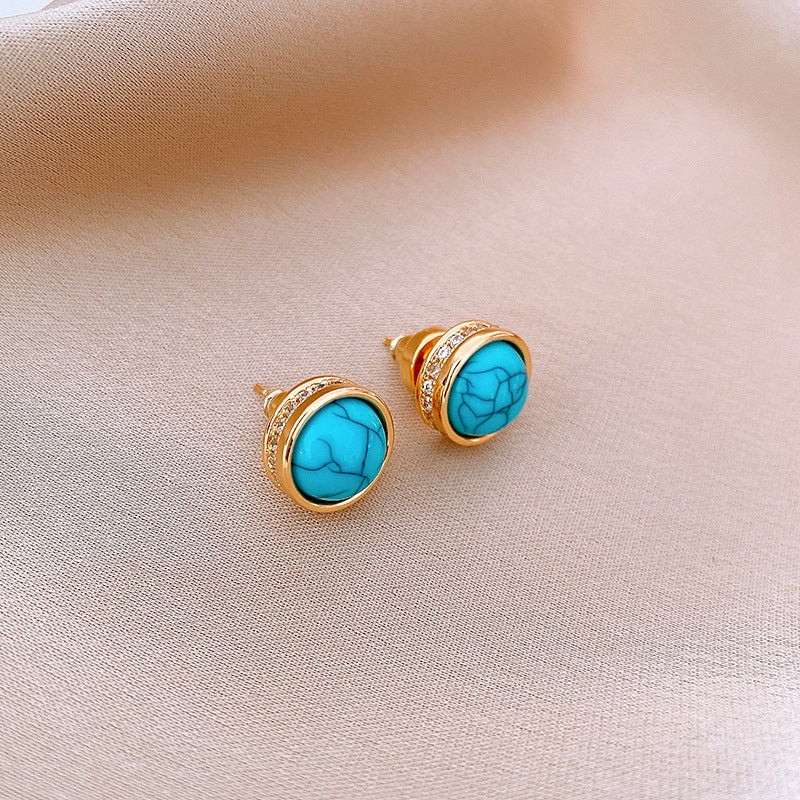 Orecchini a perno da donna in rame placcato oro stile lussuoso, geometrici, con turchese e zirconi, e perni in acciaio inossidabile