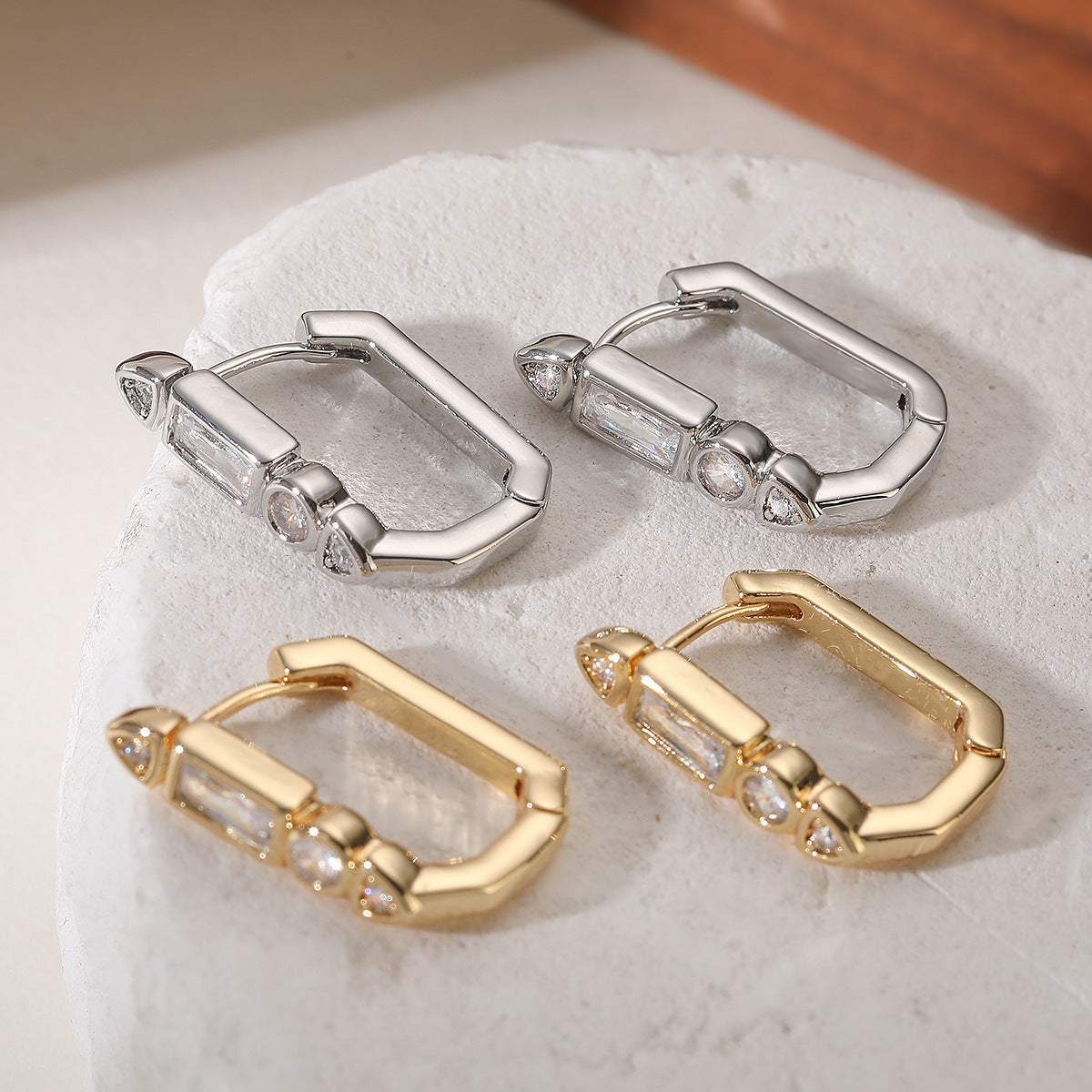 Minimalist Geometric Brass Gold Plated Cubic Zirconia Hoop Earrings for Women