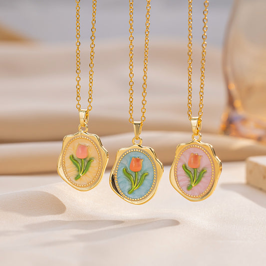 Ciondolo vintage con barra pendente in acciaio al titanio, con motivo floreale a goccia d'olio, per collana con catena a maglie