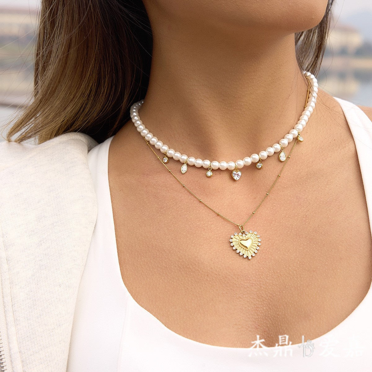 Minimalist Geometric Heart Stainless Steel Necklace with Simulated Pearl and Cubic Zirconia PVD Plated for Women