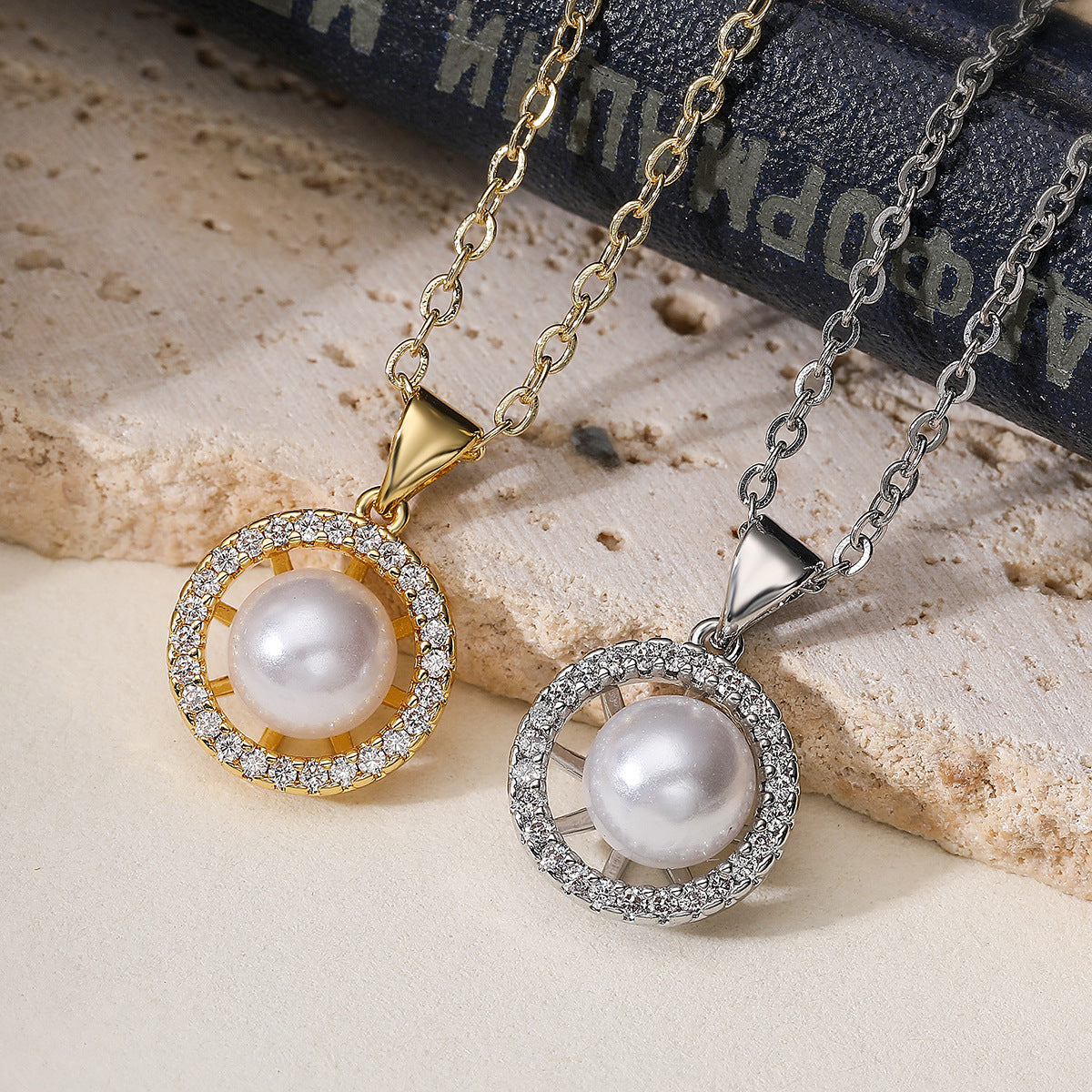 Elegant Minimalist Geometric Brass Gold Plated Necklace with Cubic Zirconia and Pearl for Women