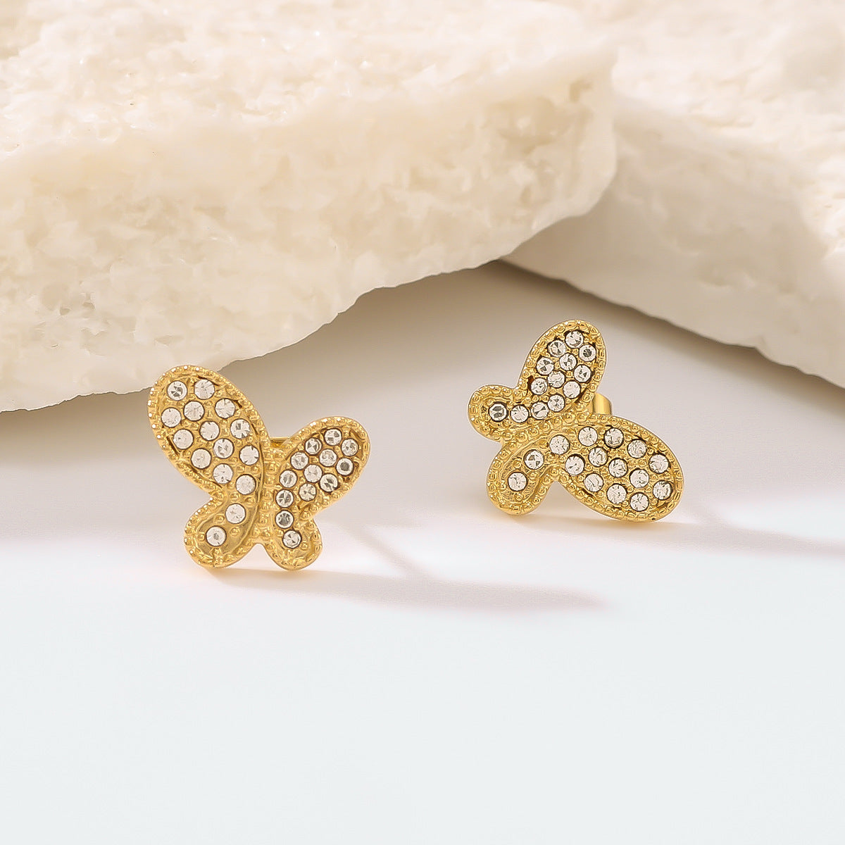 Minimalist Butterfly-Shaped Stainless Steel Earrings with Rhinestone Inlay Asymmetrical Design Hypoallergenic 18K Gold Plated