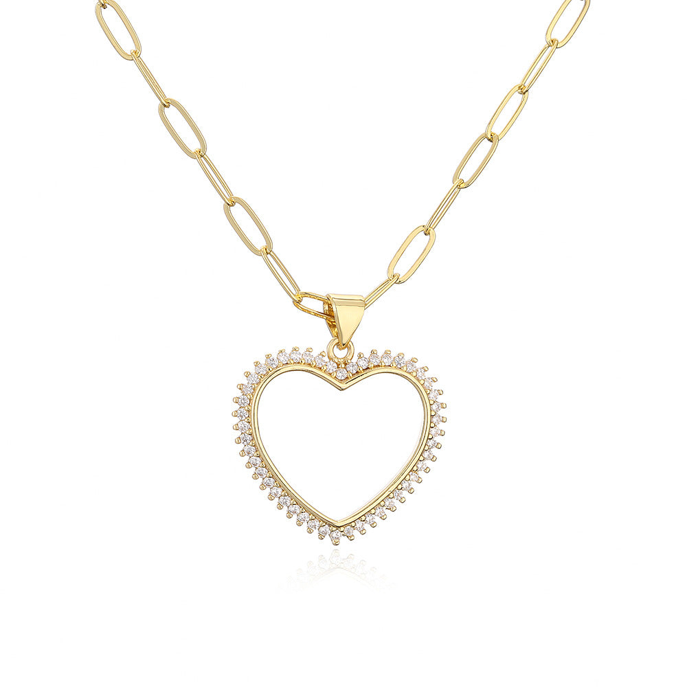 Minimalist Hollow Heart Pendant Necklace in Copper with Real Gold Plating and Zircon Inlay for Women