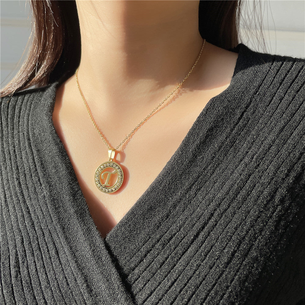 Minimalist Gold Plated Round Letter Rhinestone Inlay Pendant Necklace Titanium Steel Cable Chain
