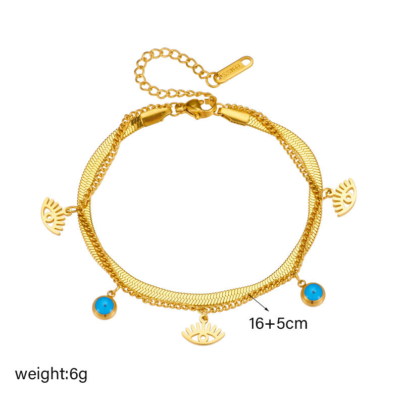 Vintage Elegant Round Star Stainless Steel Plated Rhinestone Bracelet with Lightning and Blue Eye Charms