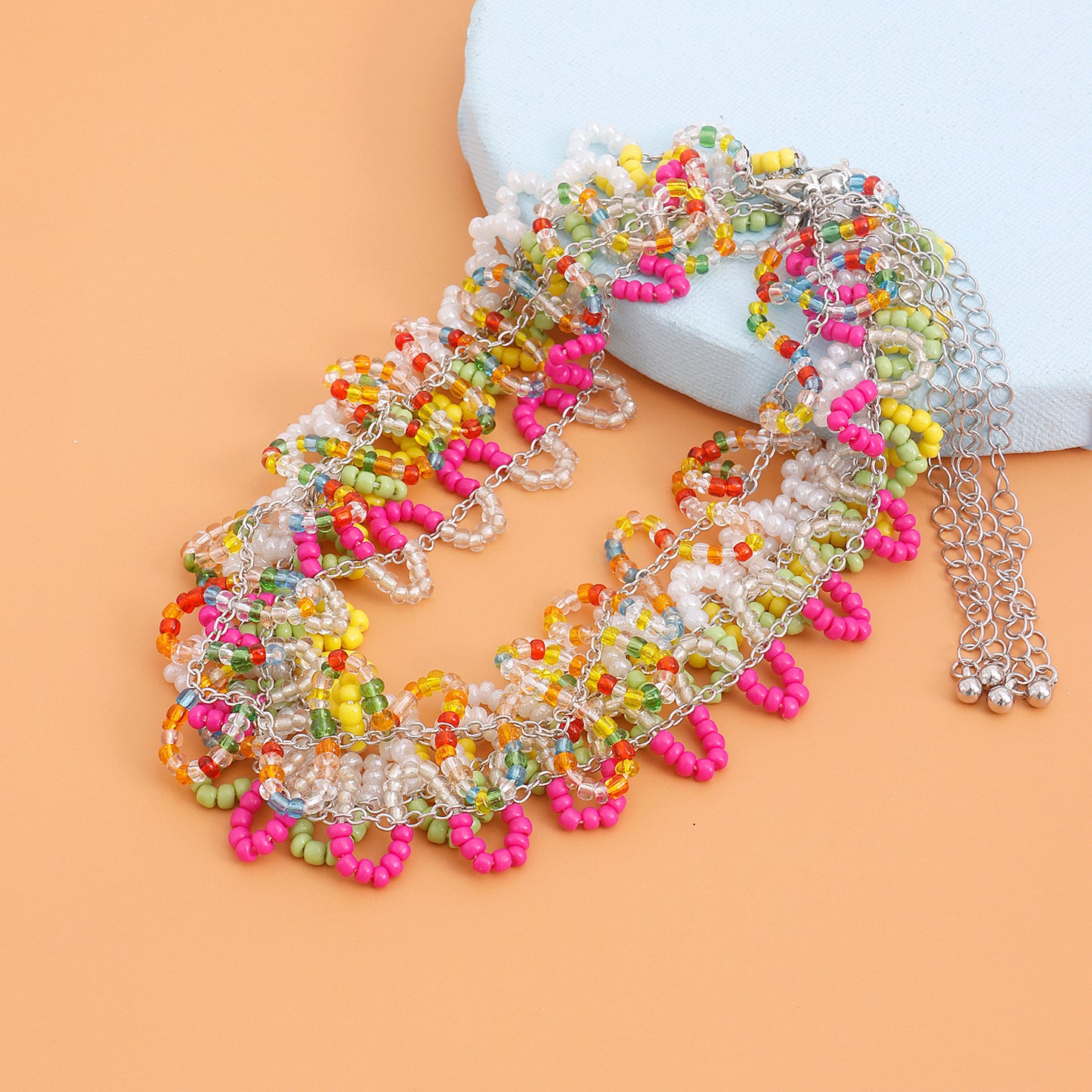 Bohemian Colorful Seed Bead S-Shaped Necklace with Geometric Pendant in Alloy Plated Finish