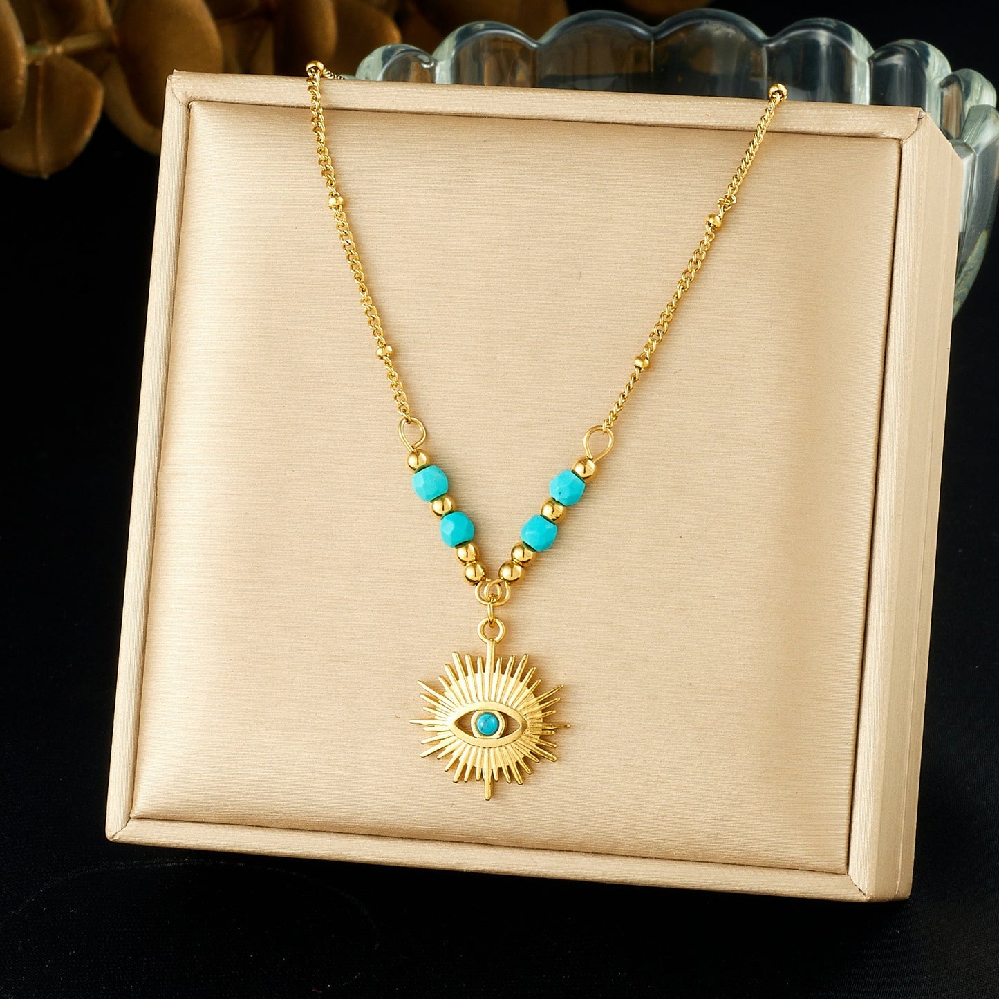 Vintage Gold Plated Stainless Steel Turquoise Eye Bead Pendant Necklace Set for Women