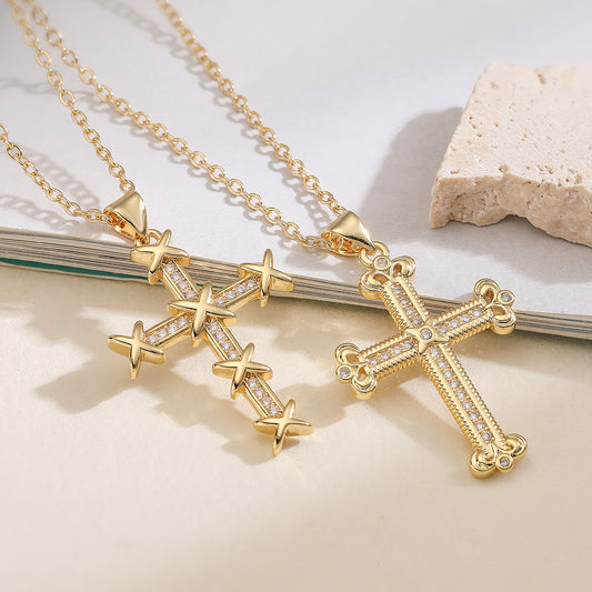 Minimalist Vintage Cross Inlay Cubic Zirconia Brass Necklace for Women