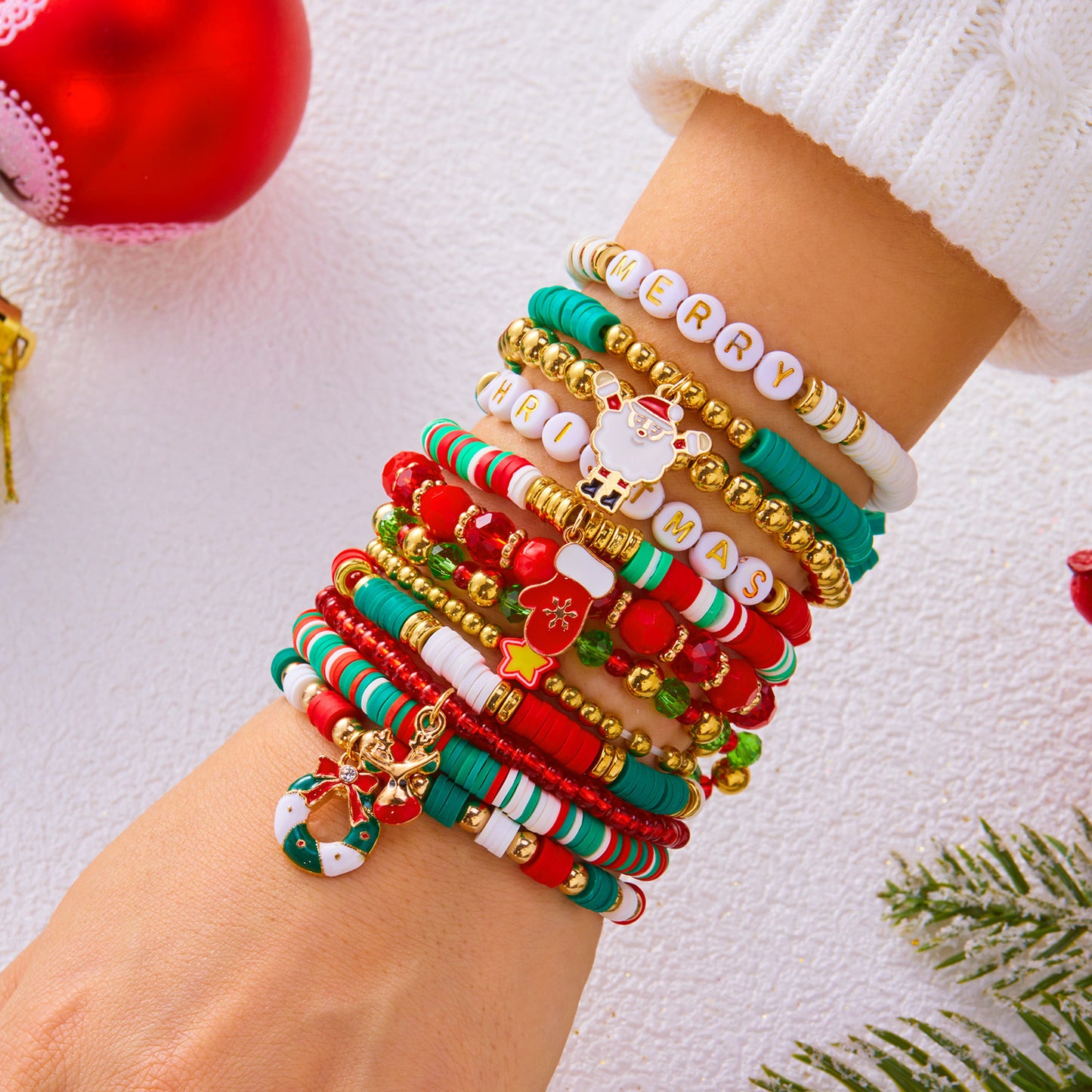 Handmade Polymer Clay Christmas Bracelet Set with Reindeer and Santa Pendant Alloy Chain for Women