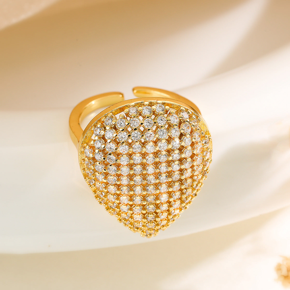 Geometric Open Ring for Women in Copper with 18K Gold Plating and Zircon Inlay, Fashionable Minimalist Statement Band