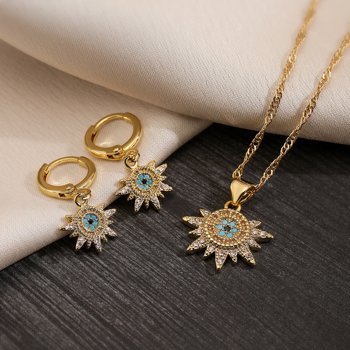 Minimalist 18K Gold Plated Copper Zircon Evil Eye Geometric Pendant Necklace and Earring Set for Women