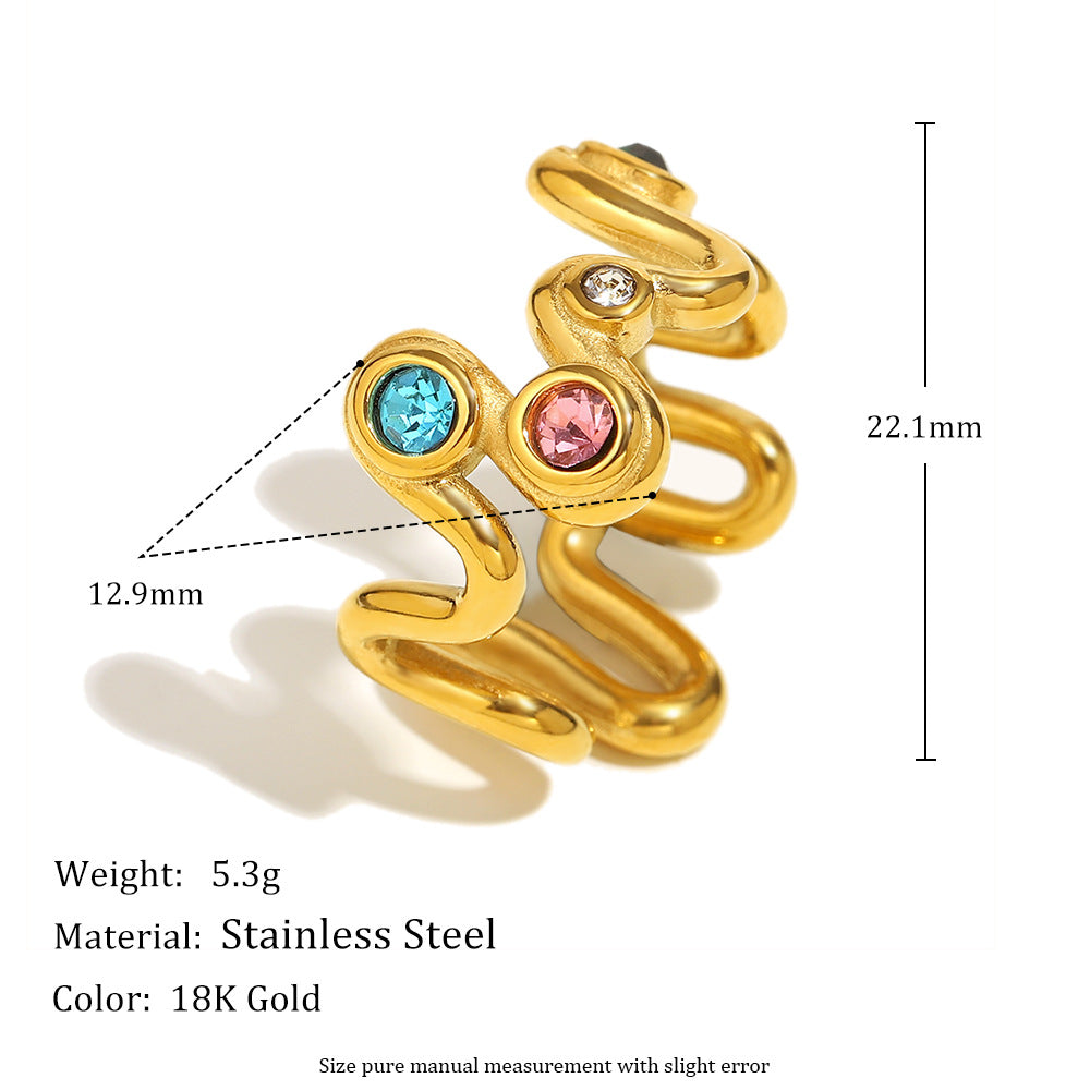 Elegant Wave-Shaped Geometric Stainless Steel Ring with 18K Gold Plating and Colorful Rhinestone Inlay for Women