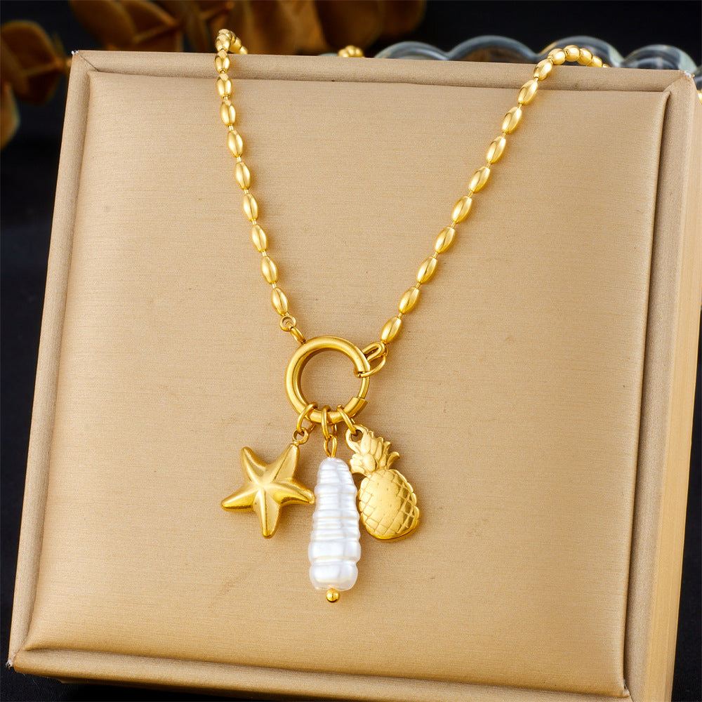 Fashion Gold Plated Stainless Steel Star and Fruit Pendant Ball Chain Necklace for Women
