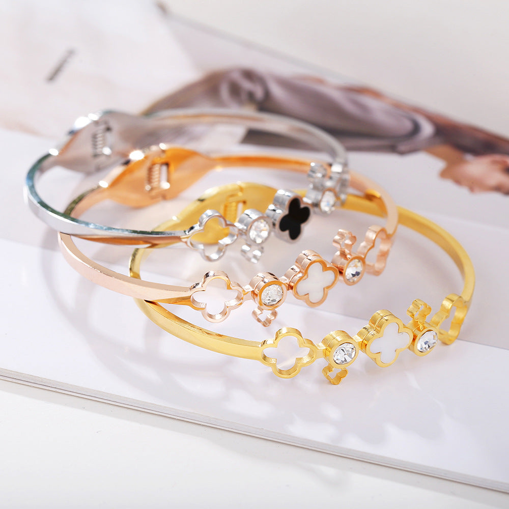 Casual Geometric Floral Micro-inlay Titanium Steel Bangle with Shell Design Open Cuff Bracelet